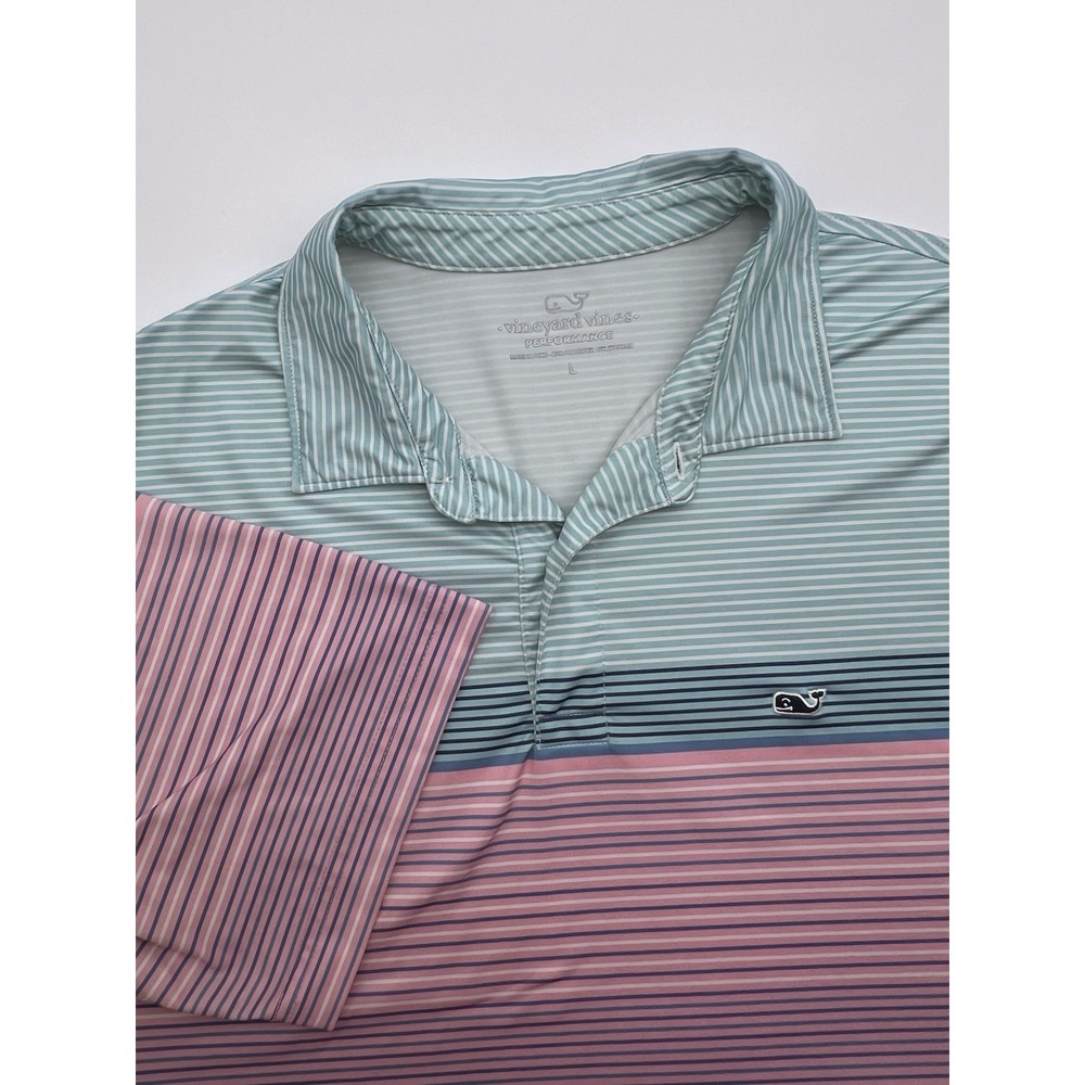 Vineyard Vines Mens L‎ Teal Pink Striped Casual Preppy Polo Golf Short Sleeve